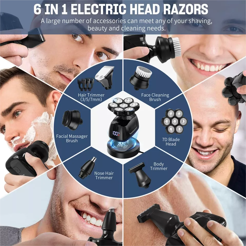 SEJOY 6-in-1 Multifunctional 7D Head Shavers for Bald Men Electric Razor with Nose Hair Trimmer Waterproof Mens Grooming Kit