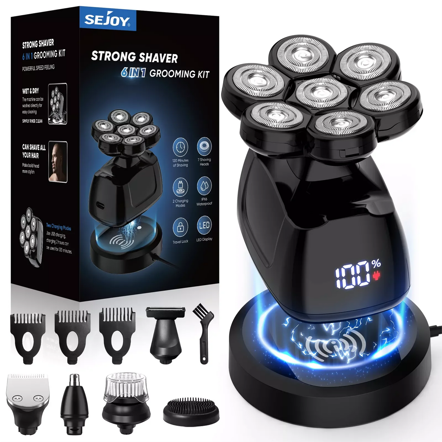 SEJOY 6-in-1 Multifunctional 7D Head Shavers for Bald Men Electric Razor with Nose Hair Trimmer Waterproof Mens Grooming Kit